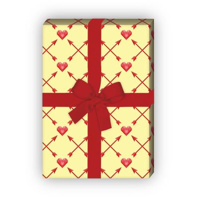 Romantisches Herz Geschenkpapier mit Amor Pfeilen, gelb - G9920, 32 x 48cm