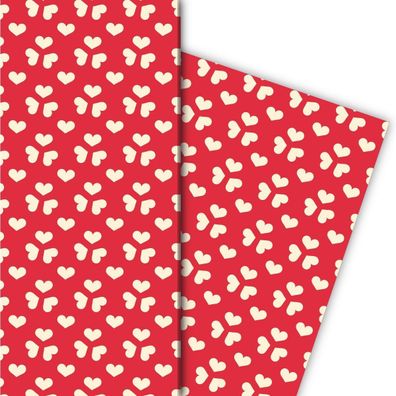 Romantisches Liebes Geschenkpapier mit Herzen in Klee Formation auf rot - G7633, 32 x