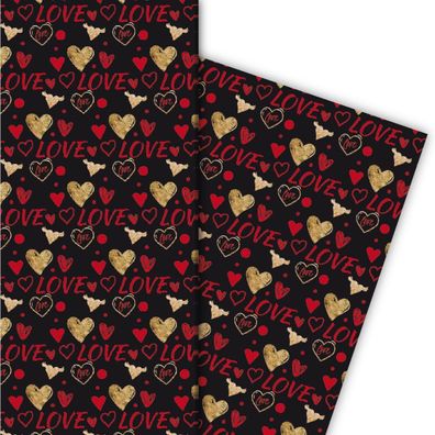 Romantisches Liebes Geschenkpapier mit Herzen, schwarz, rot - G4834, 32 x 48cm