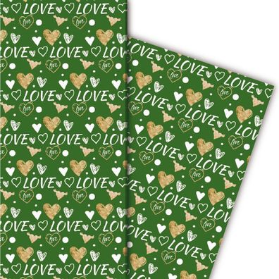Romantisches Liebes Geschenkpapier mit Herzen, weiß, grün - G4838, 32 x 48cm