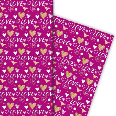 Romantisches Liebes Geschenkpapier mit Herzen, weiß, rosa - G4839, 32 x 48cm