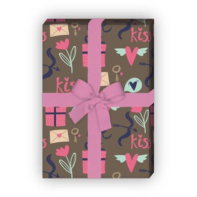 Romantisches Liebes Geschenkpapier mit Love, kiss und Blumen auf braun - G7640, 32 x