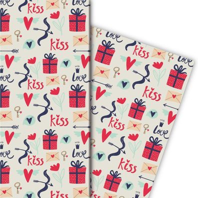 Romantisches Liebes Geschenkpapier mit Love, kiss und Blumen auf weiß - G7641, 32 x 4