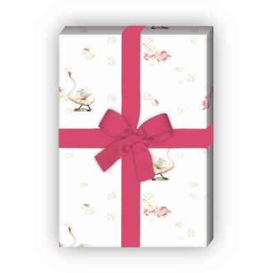 Romantisches Rosen Geschenkpapier für liebevolle Geschenke mit Schwänen - G7282, 32 x
