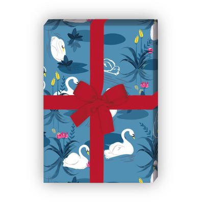 Romantisches Schwan Geschenkpapier mit Schwänen auf See, blau - G11595, 32 x 48cm