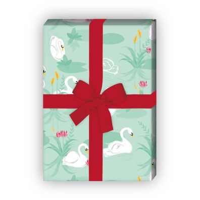 Romantisches Schwan Geschenkpapier mit Schwänen auf See, grün - G11593, 32 x 48cm