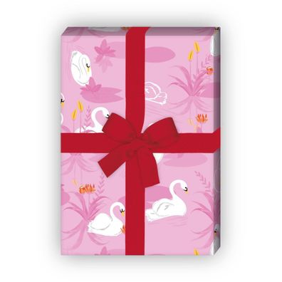Romantisches Schwan Geschenkpapier mit Schwänen auf See, rosa - G11594, 32 x 48cm