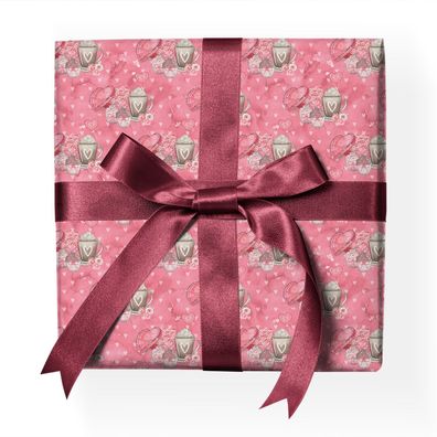 Romantisches Valentins Geschenkpapier mit Herzen und Kaffee-Tassen, rosa - G22113
