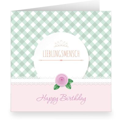 Rosa Shabby chic Geburtstagskarte mit Vichy Karo innen weiß: Happy Birthday Lieblings
