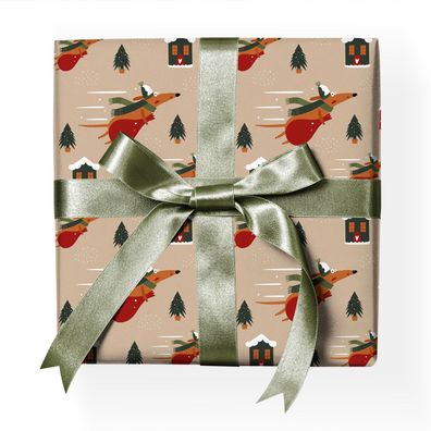Santa Hunde Weihnachts Geschenkpapier mit fliegendem Weihnachts Hund und Weihnachtsbä