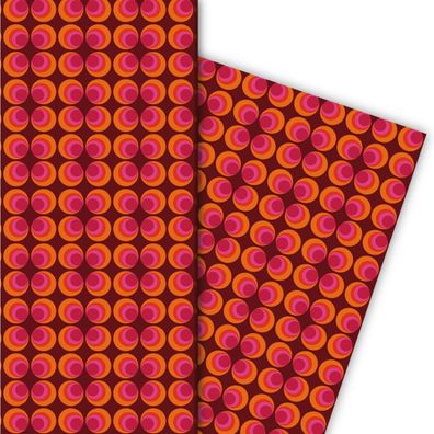 Schickes 70er Jahre Geschenkpapier mit Retro Kreis Muster in rosa braun - G7239, 32 x