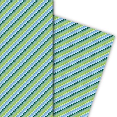 Schickes Geschenkpapier mit schrägen Pixeln in grün blau - G6355, 32 x 48cm