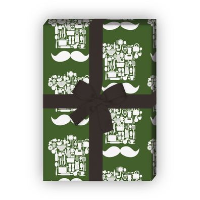 Schickes Kochmützen Geschenkpapier mit Moustache auf grün - G7569, 32 x 48cm