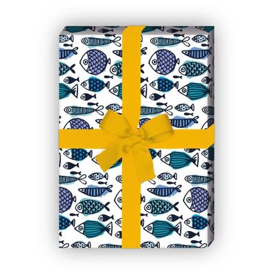 Schickes Retro Geschenkpapier mit vielen Fischen in blau - G7529, 32 x 48cm