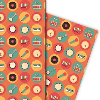 Schickes Retro Musik Geschenkpapier mit Instrumenten auf orange - G7565, 32 x 48cm
