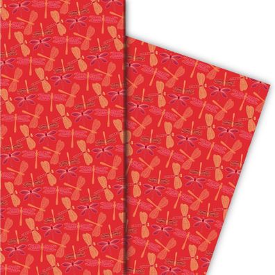 Schickes Sommer Geschenkpapier mit Libellen, rot - G10097, 32 x 48cm