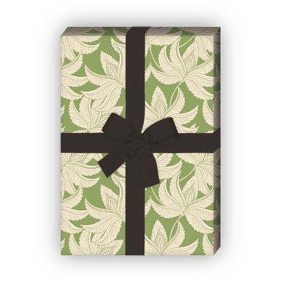 Schickes Vintage Geschenkpapier zum Einpacken mit Retro Blättern, grün - G10262, 32 x