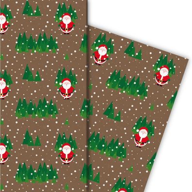 Schnee Weihnachts Geschenkpapier mit Weihnachtsmann im Wald, braun - G4779, 32 x 48cm