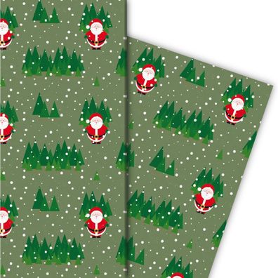 Schnee Weihnachts Geschenkpapier mit Weihnachtsmann im Wald, grün - G4778, 32 x 48cm