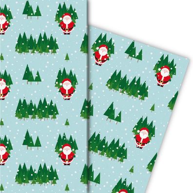 Schnee Weihnachts Geschenkpapier mit Weihnachtsmann im Wald, hellblau - G4777, 32 x 4