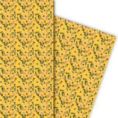 Schönes Bienen Geschenkpapier mit Blüten in Stick Optik, gelb - G11645, 32 x 48cm