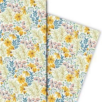 Schönes Blumen Geschenkpapier mit Frühlings Blumen, blau - G9932, 32 x 48cm