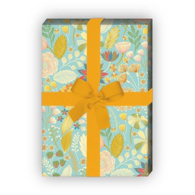 Schönes florales Geschenkpapier zum Einpacken mit Sommer Blumen, hellblau - G10208