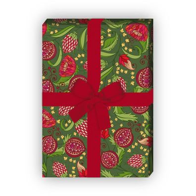 Schönes Geschenkpapier für liebevolle Geschenke mit Granatäpfeln, grün - G10256, 32 x