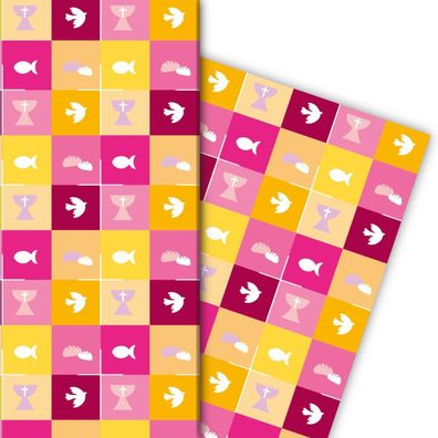 Schönes Geschenkpapier mit christlichen Symbolen in gelb rosa - G6265, 32 x 48cm