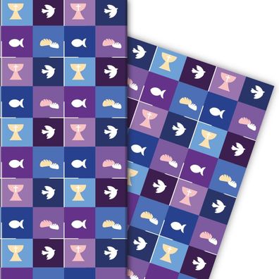 Schönes Geschenkpapier mit christlichen Symbolen in lila blau - G6267, 32 x 48cm