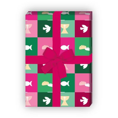 Schönes Geschenkpapier mit christlichen Symbolen in rosa grün - G6266, 32 x 48cm