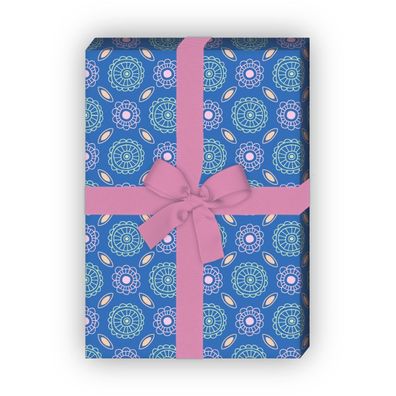 Schönes Geschenkpapier Set mit Batik Blüten, blau - G8433, 32 x 48cm