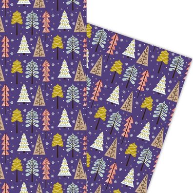 Schönes handgemaltes Retro Weihnachts Geschenkpapier mit Bäumen auf lila - G5971