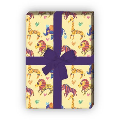 Schönes Kinder Geschenkpapier mit ethno Tieren auf gelb - G7575, 32 x 48cm