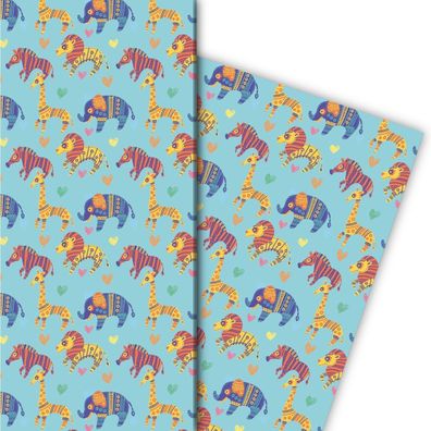 Schönes Kinder Geschenkpapier mit ethno Tieren auf hellblau - G7578, 32 x 48cm