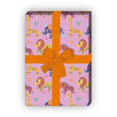 Schönes Kinder Geschenkpapier mit ethno Tieren auf rosa - G7577, 32 x 48cm