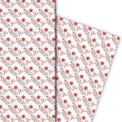 Schönes Muster Geschenkpapier mit Streu-Blumen, rot - G8088, 32 x 48cm