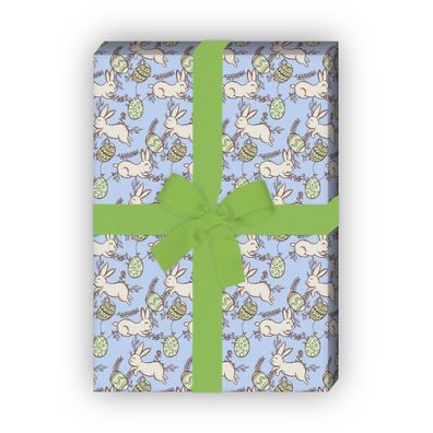 Schönes Oster Geschenkpapier mit handgezeichneten Osterhasen, hellblau - G11883, 32 x