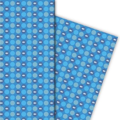 Schönes Punkte Geschenkpapier mit kleinen Fischen in blau - G6270, 32 x 48cm
