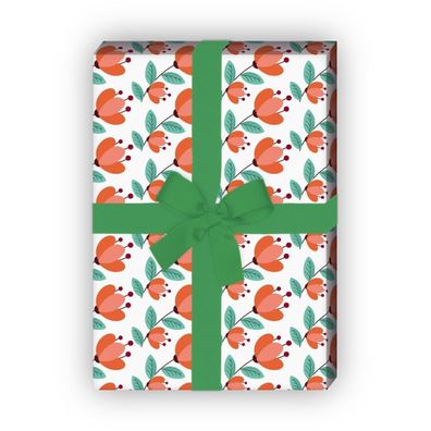 Schönes Streifen Geschenkpapier mit Blumen, orange - G8091, 32 x 48cm
