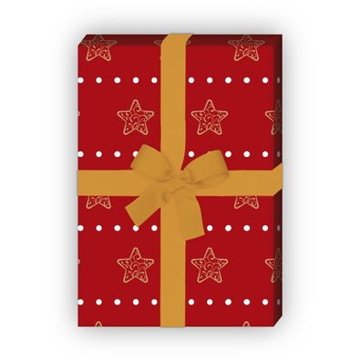 Schönes Streifen Weihnachtspapier mit Ornament Sternen, rot, 32 x 48cm - G9874, 32 x