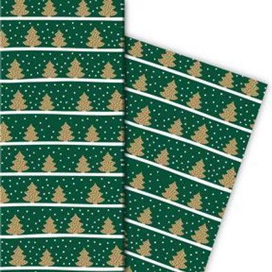 Schönes Streifen Weihnachtspapier mit Weihnachtsbäumen im Schnee, grün - G9879, 32 x