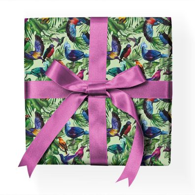 Schönes Tropen Geschenkpapier mit Paradies Vögeln Dekor-Muster-Papier, grün - G23086,