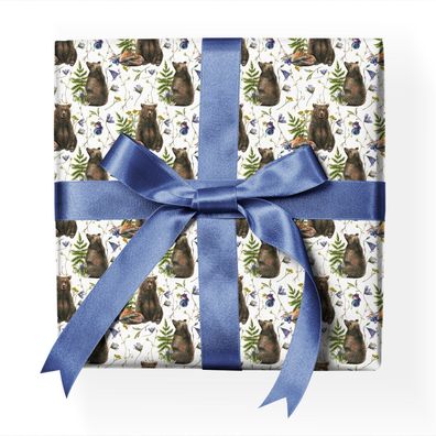 Schönes Wald-Tier Geschenkpapier mit Braunbär Fuchs Blüten, weiß - G23073, 32 x 48cm