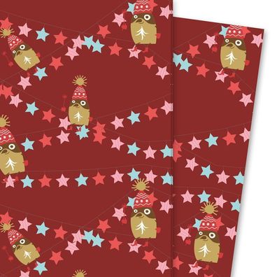 Schönes Weihnachts Geschenkpapier mit Pinguin und Sternen, rot - G4197, 32 x 48cm