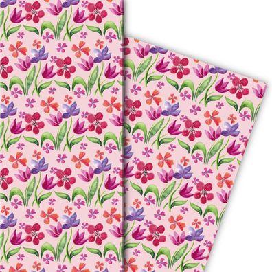 Sommer Aquarell Geschenkpapier mit Beet voller Blumen, rosa - G8293, 32 x 48cm