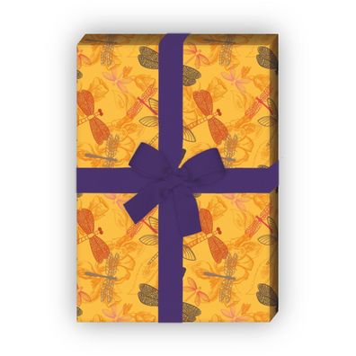 Sommerliches Blumen Geschenkpapier mit Libellen, gelb - G10080, 32 x 48cm