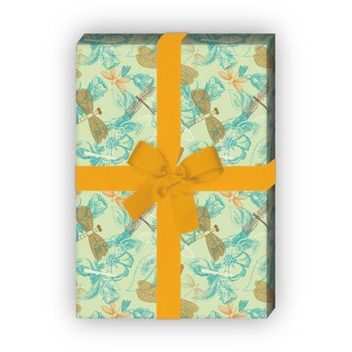 Sommerliches Blumen Geschenkpapier mit Libellen, grün - G10082, 32 x 48cm