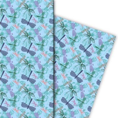Sommerliches Blumen Geschenkpapier mit Libellen, hellblau - G10081, 32 x 48cm