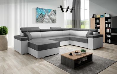 FURNIX U-Form Sofa FLORRI U Polstercouch mit Bettkasten MA120OR95 Weiß-Grau